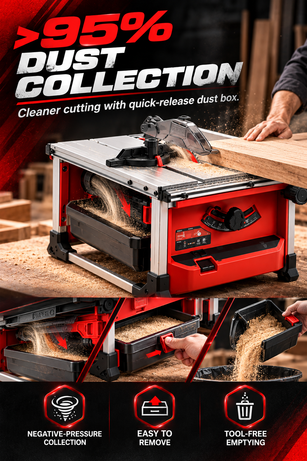 Cordless Brushless Table Saw, 0-45° Bevel Cut Portable Table Saw with 95% Dust Collection, 3 Batteries & Charger