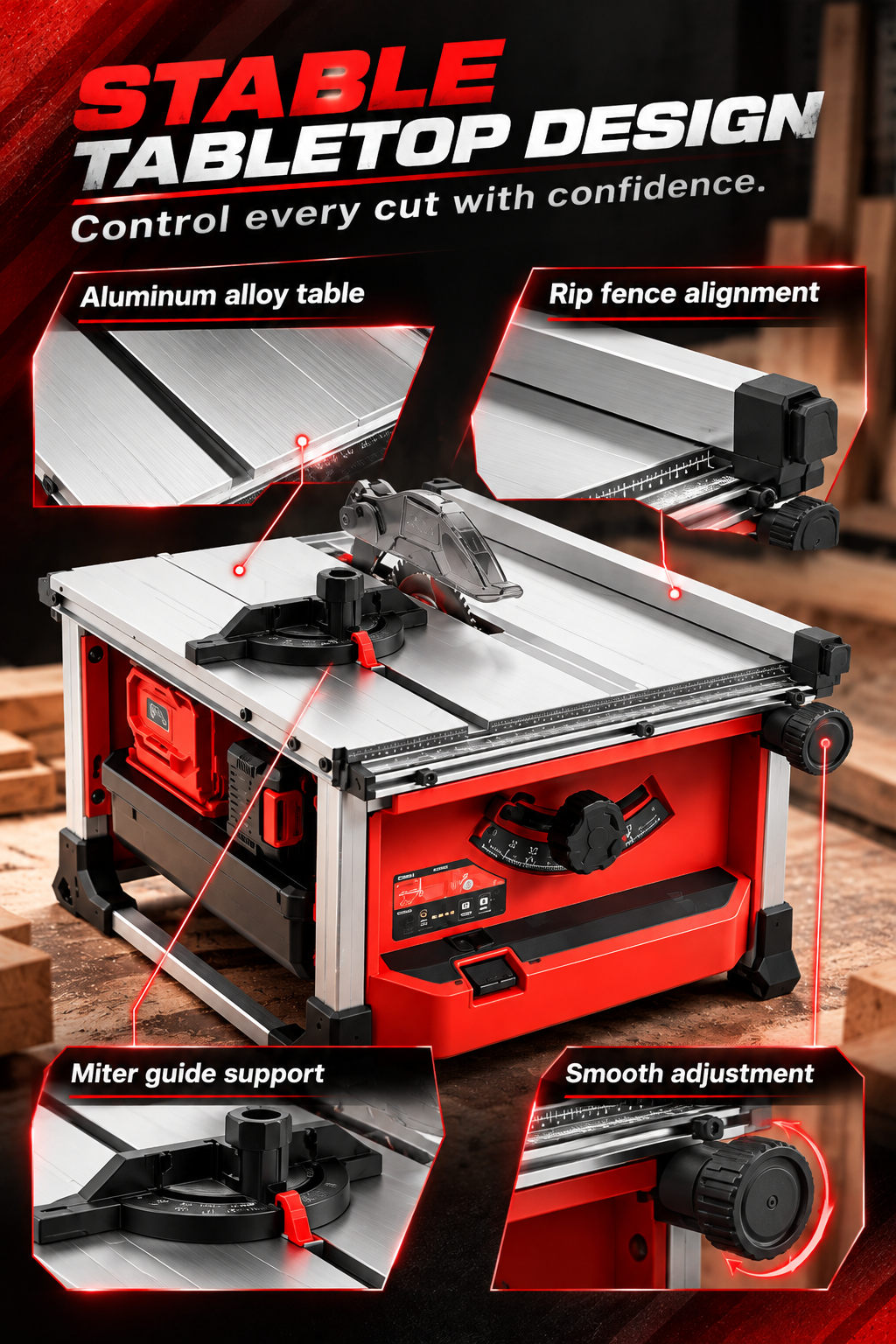 Cordless Brushless Table Saw, 0-45° Bevel Cut Portable Table Saw with 95% Dust Collection, 3 Batteries & Charger