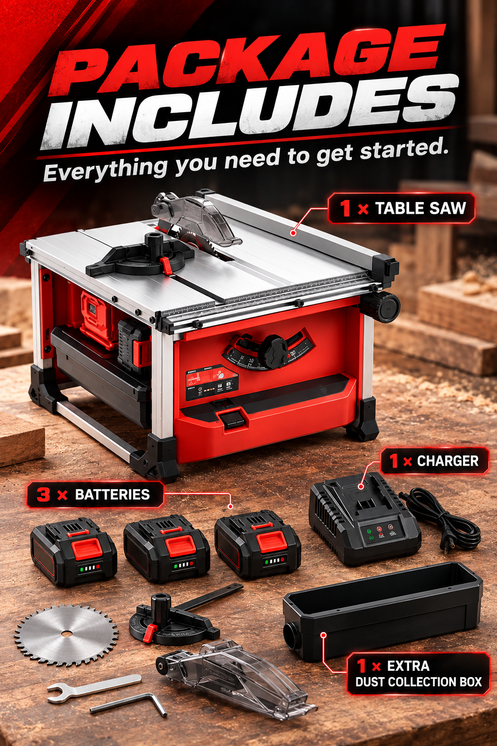 Cordless Brushless Table Saw, 0-45° Bevel Cut Portable Table Saw with 95% Dust Collection, 3 Batteries & Charger