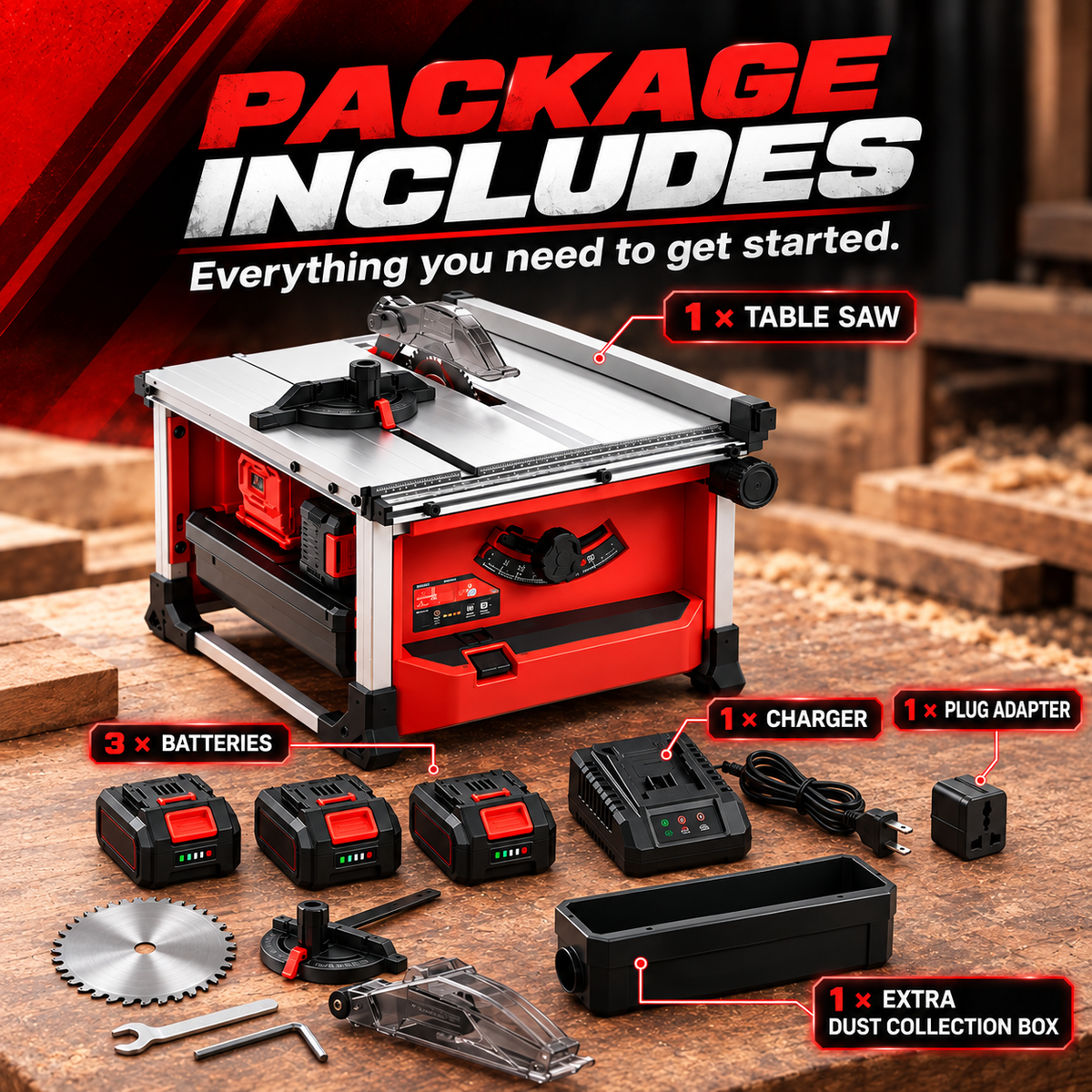 Cordless Brushless Table Saw, 0-45° Bevel Cut Portable Table Saw with 95% Dust Collection, 3 Batteries & Charger